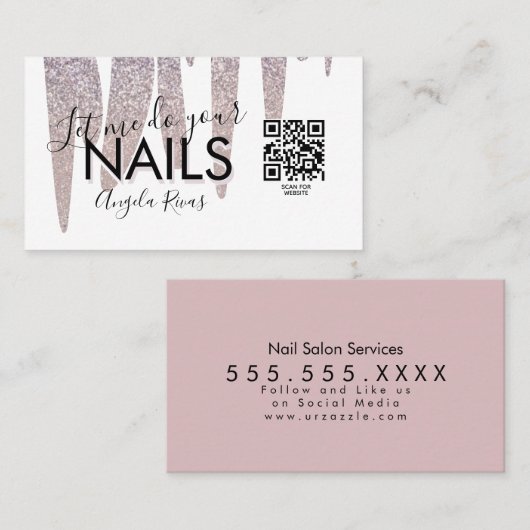 QR CODE Nails Salon Blush Pink Glitter Driving Visitekaartje (Voorkant / Achterkant)