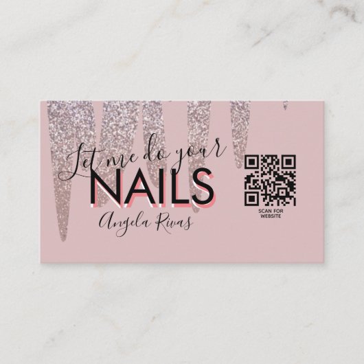 QR CODE Nails Salon Quote Blush Pink Glitter Drip Visitekaartje (Voorkant)
