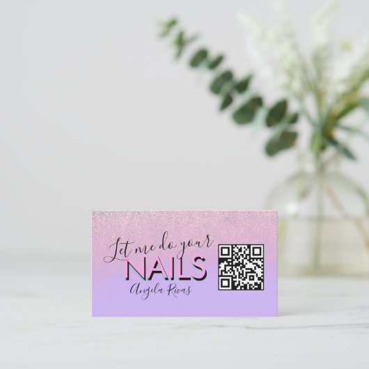 QR CODE Nails Salon Quote Pink Violet Visitekaartje (Staand voorkant)