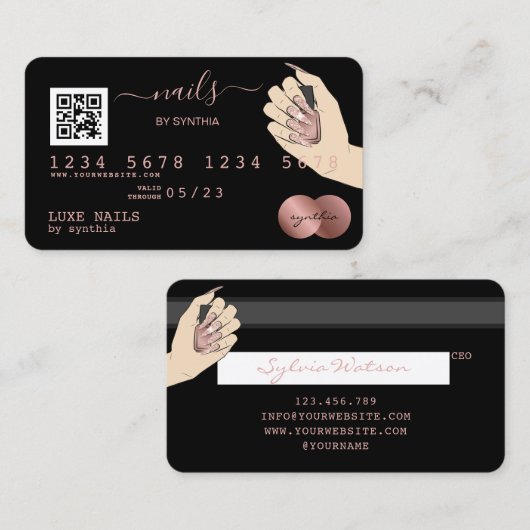 QR-code Nails Technicia Credit Kaart Roos Gold Visitekaartje (Voorkant / Achterkant)