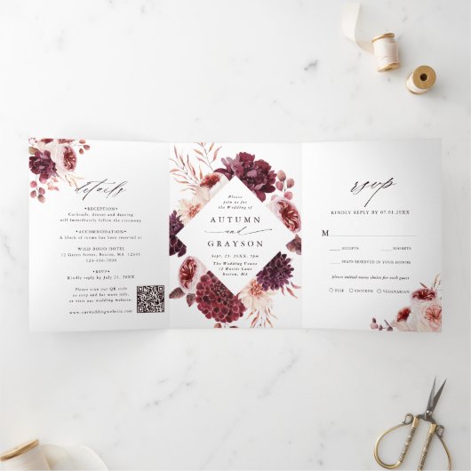 QR Code najaar Romance Waterverf Floral bruiloft Drieluik Uitnodiging (Binnen)