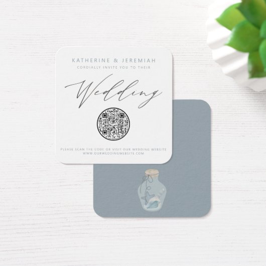 QR Code Nautical Beach Seashell Weddenschap Uitnod Vierkante Visitekaartjes (Bureau)