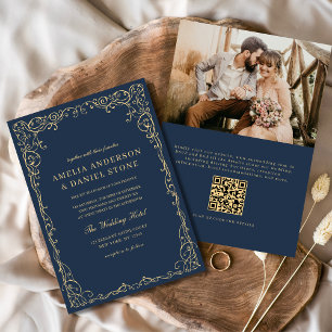 QR Code Navy Blauw Goud Foto Minimalistische bruil Kaart