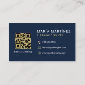 QR Code Navy Blauwe Goud Schoonmaakdiensten Visitekaartje (Achterkant)