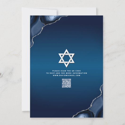 QR-code Navy Blauwe Ombre Agate Script Bar Mitzvah Kaart (Achterkant)