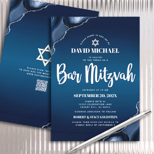 QR-code Navy Blauwe Ombre Agate Script Bar Mitzvah Kaart