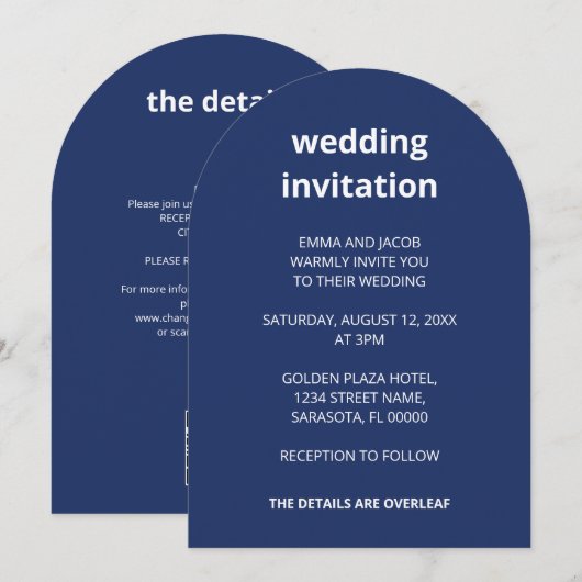 QR-code Navy Blue All in One Wedding Invitation Kaart (Voorkant / Achterkant)