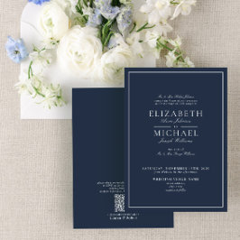 QR Code Navy Blue Classic Script Wedding Invitatio Kaart