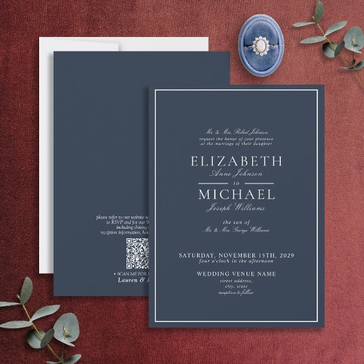 QR Code Navy Blue Classic Script Wedding Invitatio Kaart