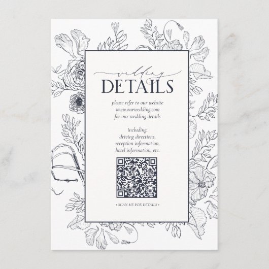 QR-code Navy Blue Floral Wedding Details Informatiekaartje (Voorkant)