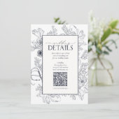 QR-code Navy Blue Floral Wedding Details Informatiekaartje (Staand voorkant)