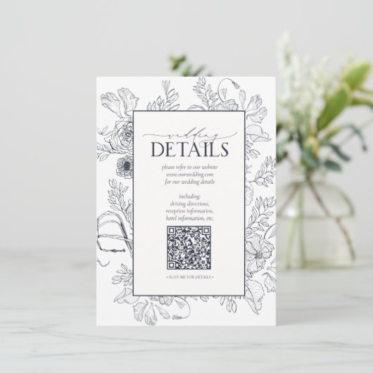 QR-code Navy Blue Floral Wedding Details Informatiekaartje (Staand voorkant)