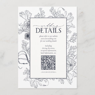 QR-code Navy Blue Floral Wedding Details Informatiekaartje