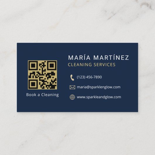 QR Code Navy Blue Gold Cleaning Services Visitekaartje (Achterkant)