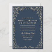 QR Code Navy Blue Gold Minimal Wedding Kaart (Voorkant)