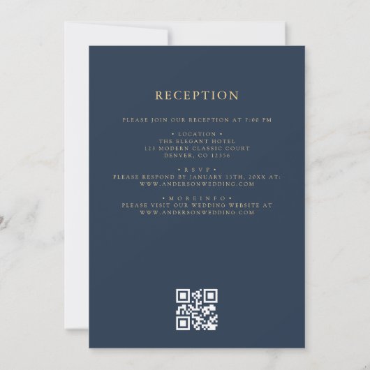 QR Code Navy Blue Gold Minimal Wedding Kaart (Achterkant)