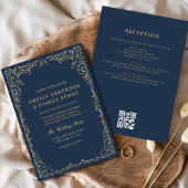 QR Code Navy Blue Gold Minimal Wedding Kaart