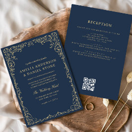 QR Code Navy Blue Gold Minimal Wedding Kaart