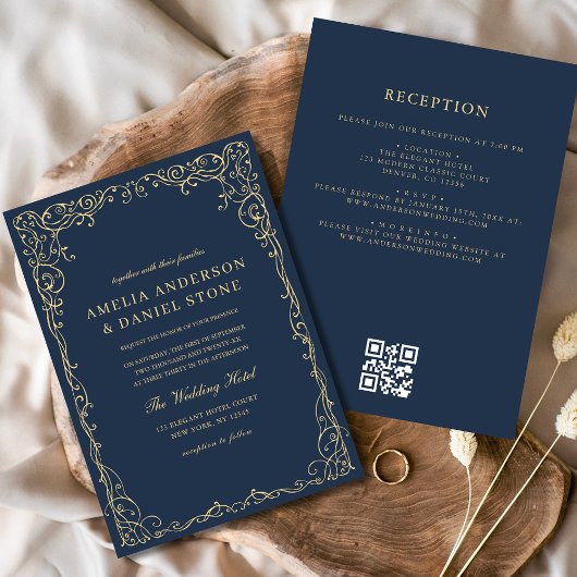 QR Code Navy Blue Gold Minimal Wedding Kaart