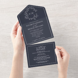 QR-code Navy Blue Leafy Crest Monogram Weddenschap All In One Uitnodiging
