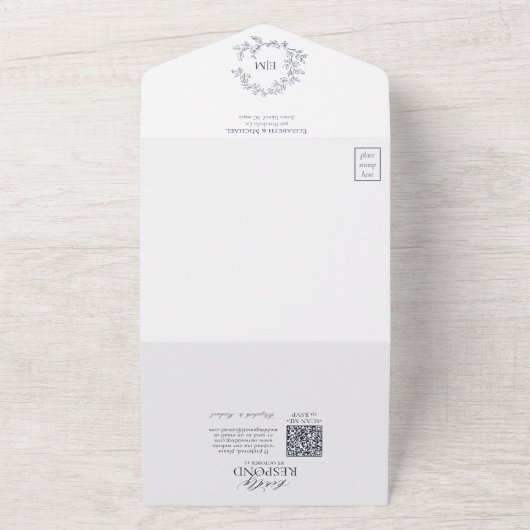 QR-code Navy Blue Leafy Crest Monogram Weddenschap All In One Uitnodiging (Buitenkant)