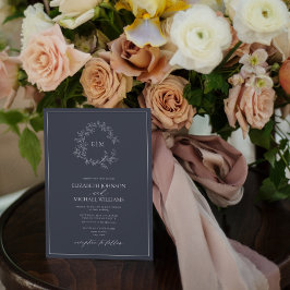 QR-code Navy Blue Leafy Crest Monogram Weddenschap Kaart