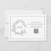 QR-code Navy Blue Leafy Crest Monogram Weddenschap RSVP Kaartje (Achterkant)