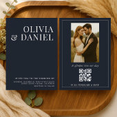 QR Code Navy Blue Minimalist Photo Wedding Kaart