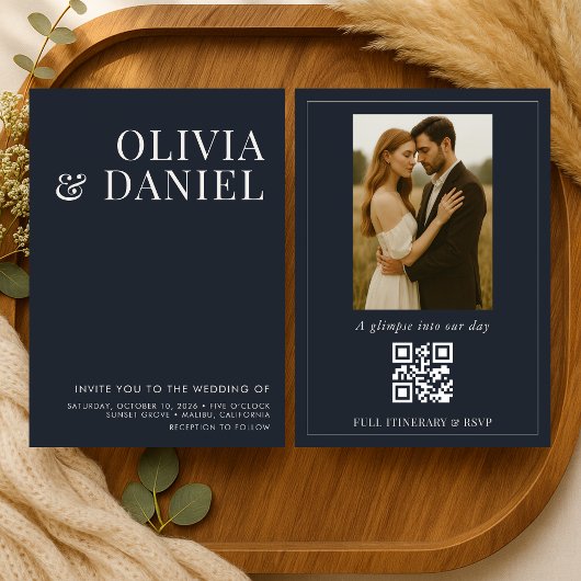 QR Code Navy Blue Minimalist Photo Wedding Kaart