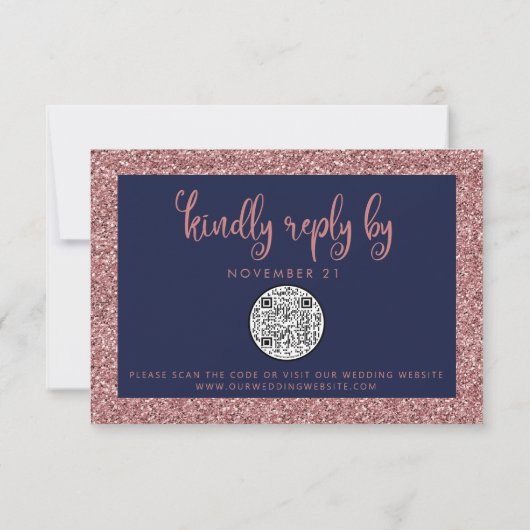 QR-code Navy Blue Roos Gold Glitter Weddenschap RS RSVP Kaartje (Achterkant)