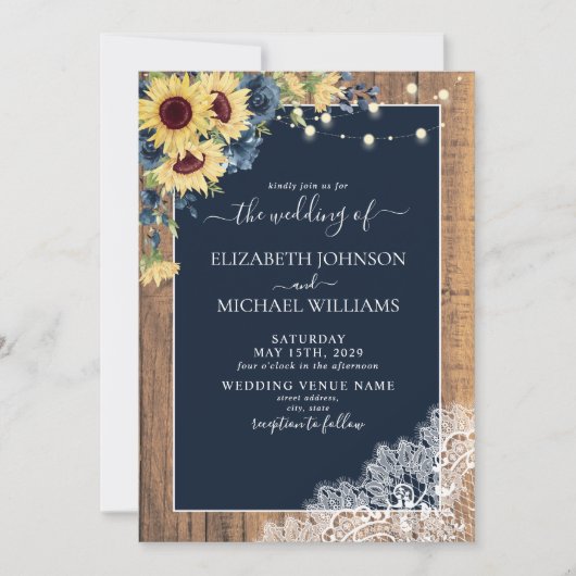 QR-code Navy Blue Sunflower Wood weddenschap Kaart (Voorkant)