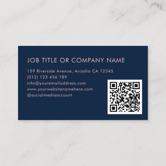 QR Code Navy Roos Goud Monogram Elegant Visitekaartje (Achterkant)