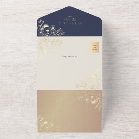 QR Code Navy Rose Gold Wedding All In One Uitnodiging (Buitenkant)