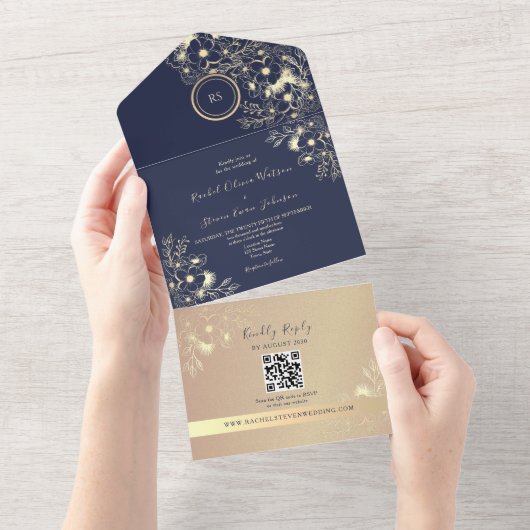 QR Code Navy Rose Gold Wedding All In One Uitnodiging (Afscheurbaar)