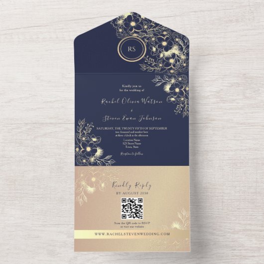 QR Code Navy Rose Gold Wedding All In One Uitnodiging (Binnen)
