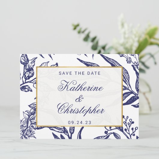 QR Code Navyblauw Botanisch Foto Save the Date (Staand voorkant)