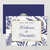 QR Code Navyblauw Botanisch Foto Save the Date (Voorkant / Achterkant)