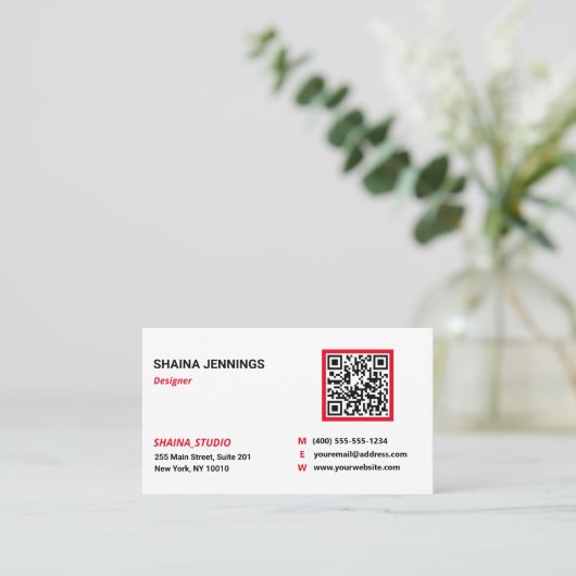 QR Code Networking Modern Black Red White Visitekaartje (Staand voorkant)