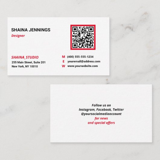 QR Code Networking Modern Black Red White Visitekaartje (Voorkant / Achterkant)