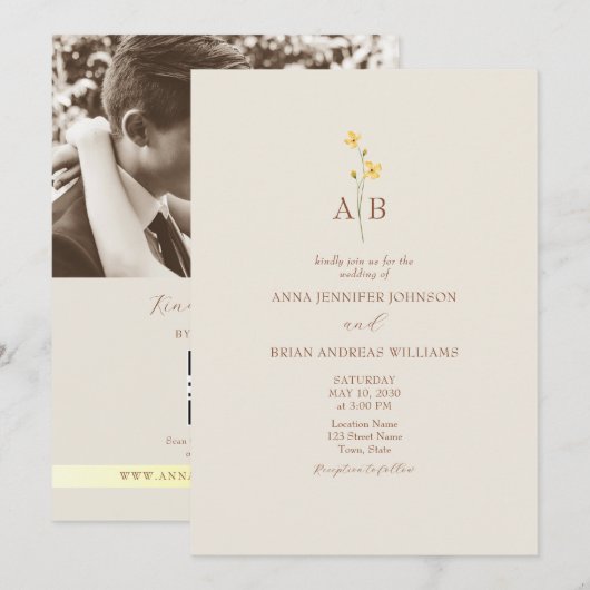 QR Code Neutral Wildflower Photo Wedding Kaart (Voorkant / Achterkant)