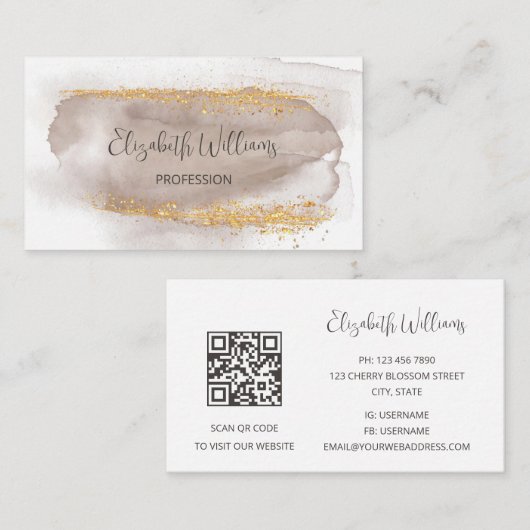 QR Code Neutrals Goud Waterverf Achtergrond Visitekaartje (Voorkant / Achterkant)