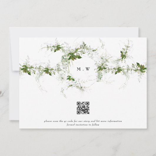 QR-code niet-FOTO Eucalyptus Monogram Weddenschap Save The Date (Achterkant)