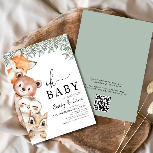QR-code Oh Baby Woodland Animals Baby shower Kaart