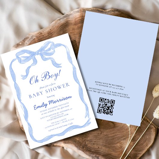QR-code Oh Boy Blue Ribbon Bow Baby shower Kaart