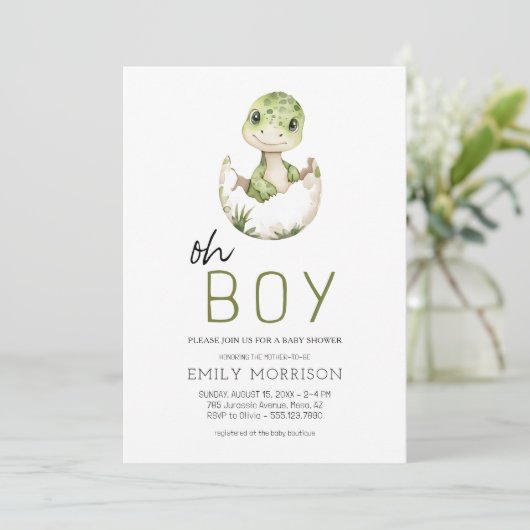 QR-code Oh Boy Dinosaur Baby Boy Shower Kaart (Staand voorkant)