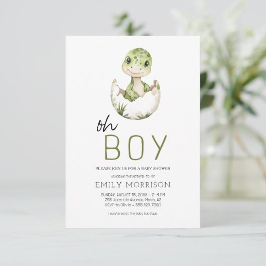 QR-code Oh Boy Dinosaur Baby Boy Shower Kaart (Staand voorkant)