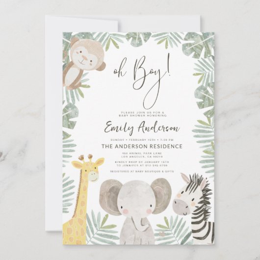QR-code Oh Boy Safari Animal Baby shower Kaart (Voorkant)