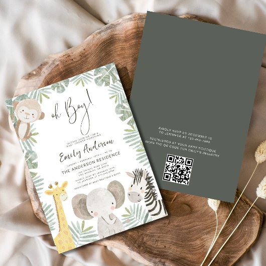 QR-code Oh Boy Safari Animal Baby shower Kaart
