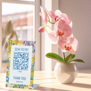 QR-CODE OM TE BETALEN SCAN Waterverf Bloemen Reclamebord Met Voetstuk