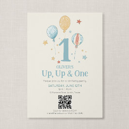 QR-code Omhoog Eén Vintage Ballon Eerste Verjaarda Kaart